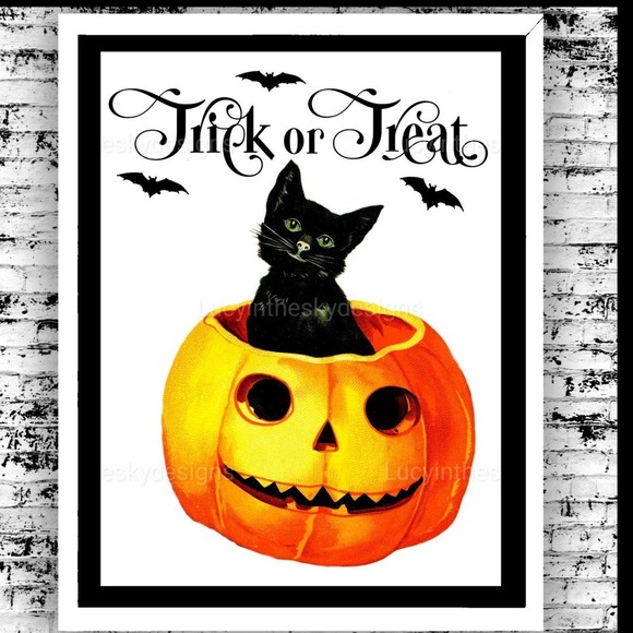 Handmade Other - Trick Or Treat Halloween Black Cat Pumpkin Jack o Lantern Art Print